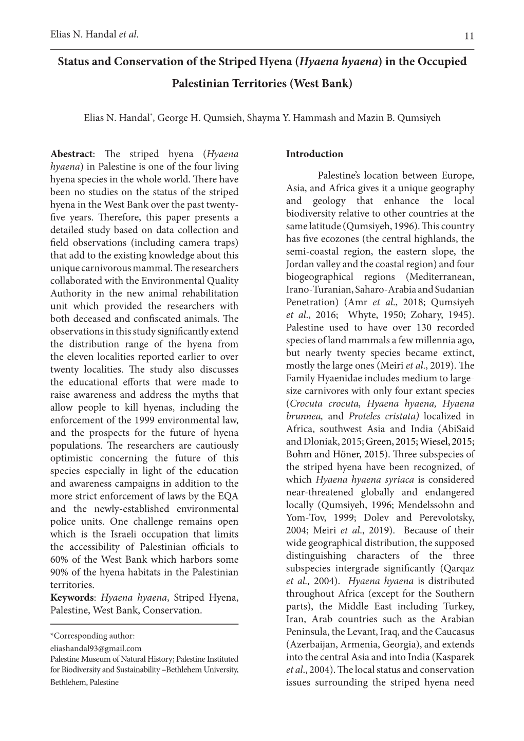 Status and Conservation of the Striped Hyena (Hyaena Hyaena) in the Occupied Palestinian Territories (West Bank)