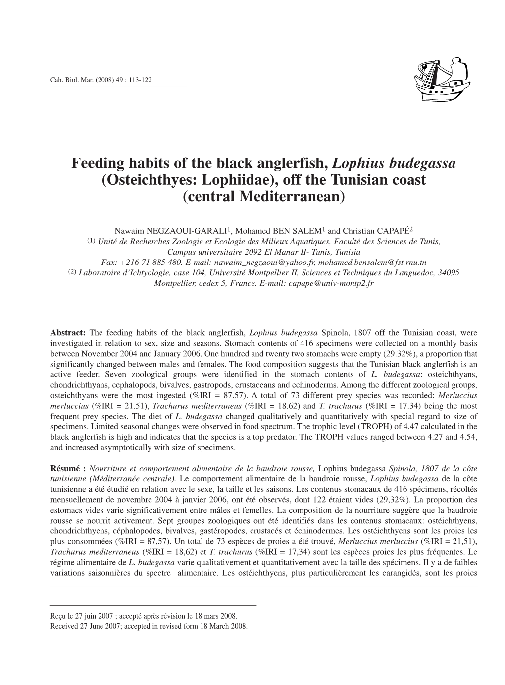 Feeding Habits of the Black Anglerfish, Lophius Budegassa (Osteichthyes: Lophiidae), Off the Tunisian Coast (Central Mediterranean)