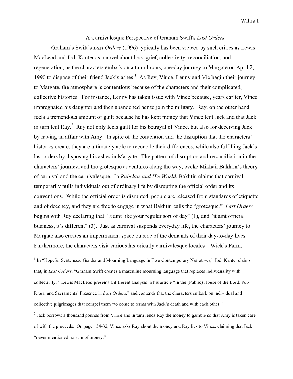 Willis 1 a Carnivalesque Perspective of Graham Swift's Last Orders Graham's Swift's Last Orders