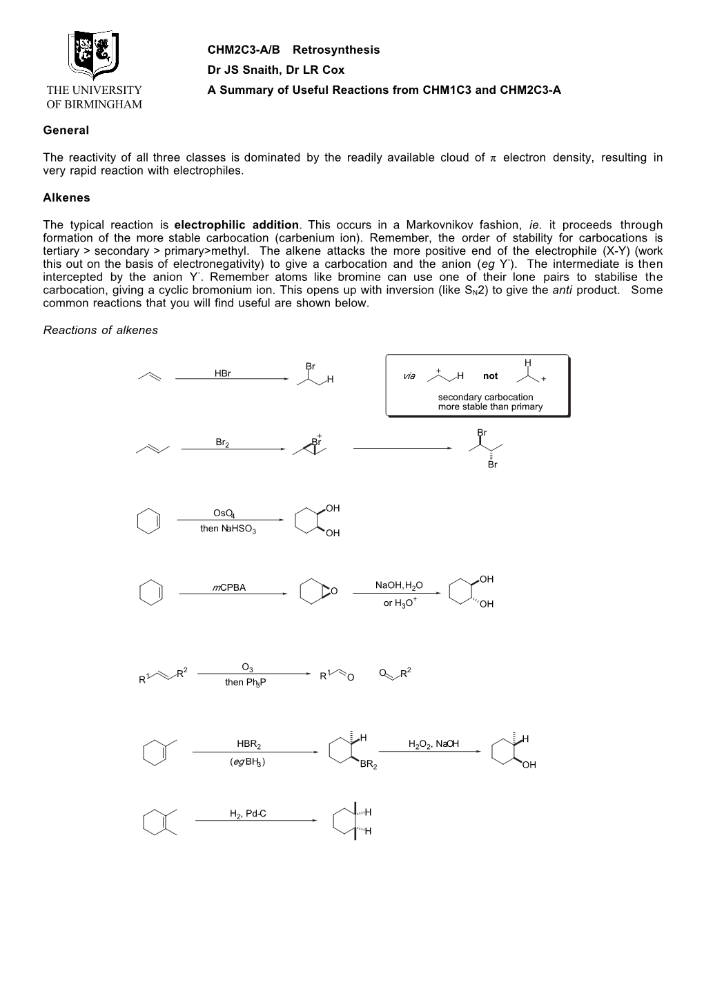 Useful Reactions from CHM1C3 and CHM2C3-A of BIRMINGHAM