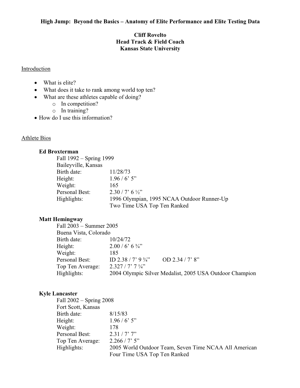 High Jump: Beyond the Basics – Anatomy of Elite Performance and Elite Testing Data