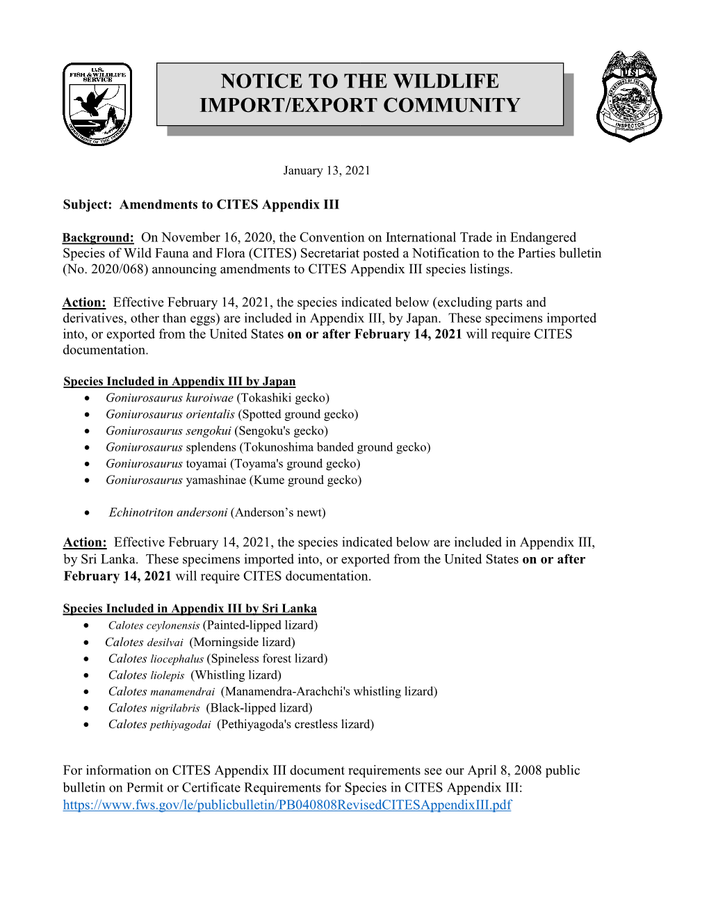 Amendments to CITES Appendix III