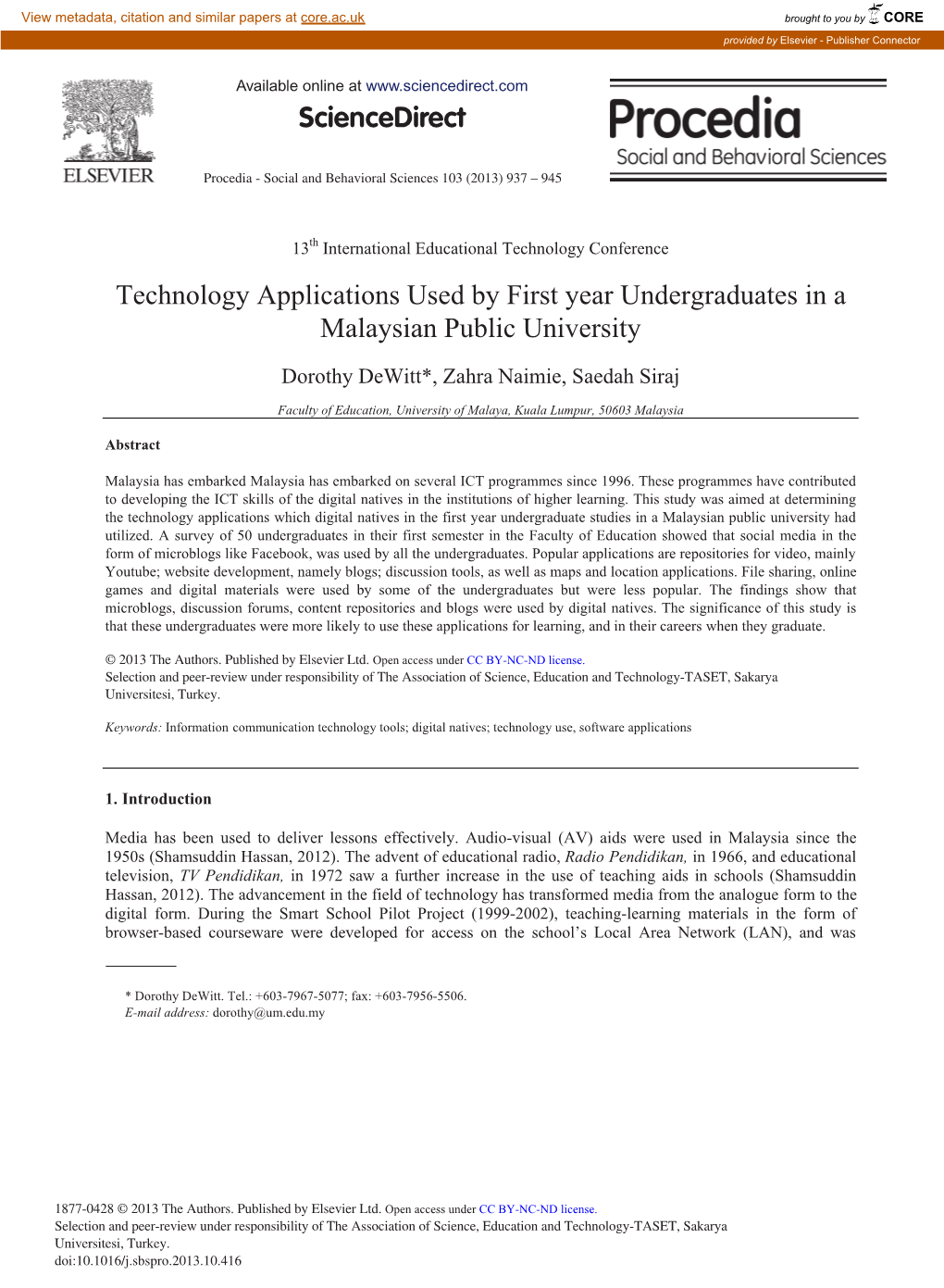 Technology Applications Used by First Year Undergraduates in a Malaysian Public University