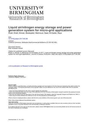 University of Birmingham Liquid Air/Nitrogen Energy Storage And
