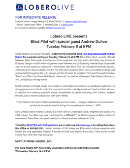 Lobero LIVE Presents Blind Pilot with Special Guest Andrew Duhon Tuesday, February 11 at 8 PM