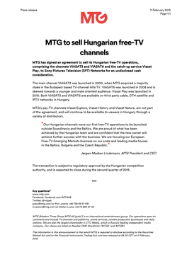 MTG to Sell Hungarian Free-TV Channels