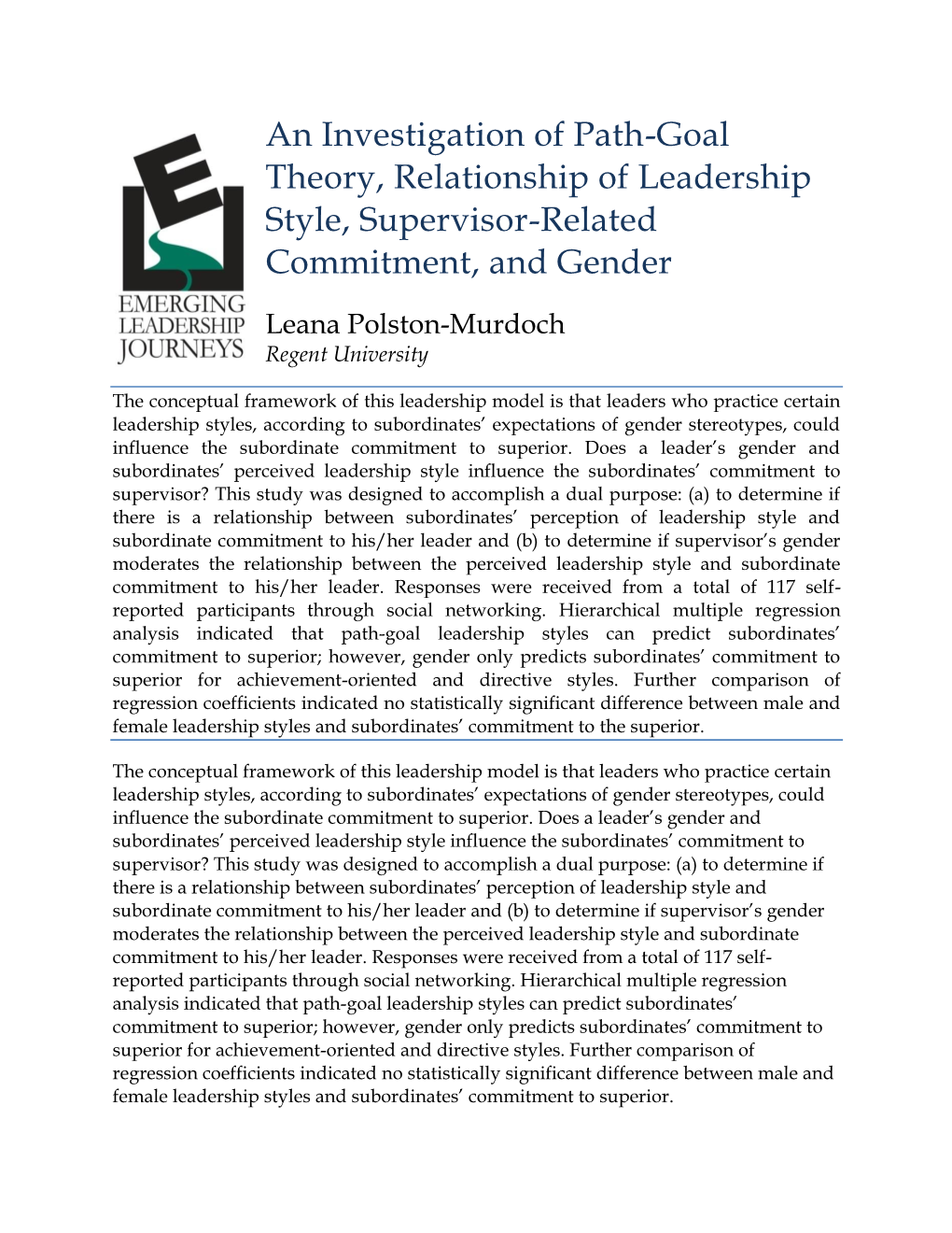 An Investigation of Path-Goal Theory, Relationship of Leadership Style, Supervisor-Related Commitment, and Gender