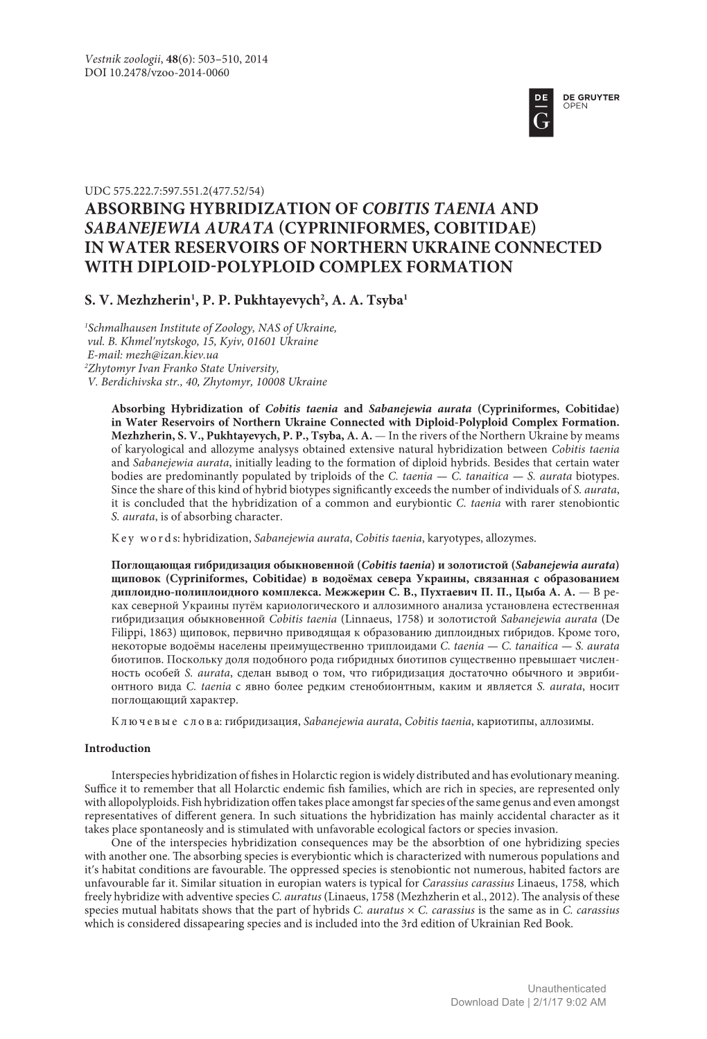 Cypriniformes, Cobitidae) in Water Reservoirs of Northern Ukraine Connected with Diploid-Polyploid Complex Formation