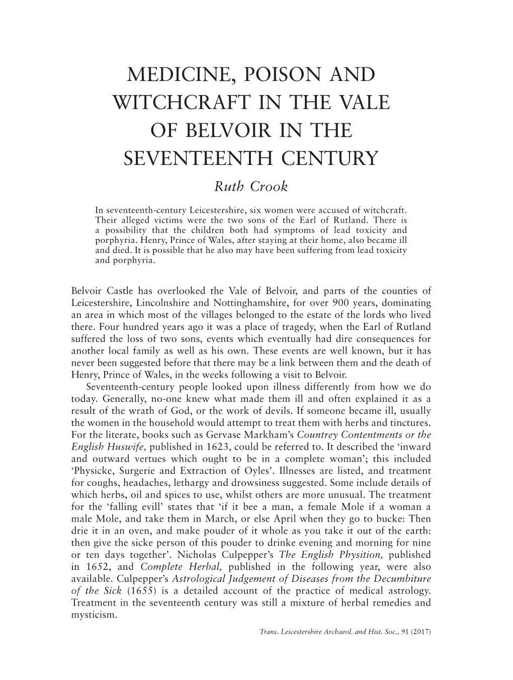 MEDICINE, POISON and WITCHCRAFT in the VALE of BELVOIR in the SEVENTEENTH CENTURY Ruth Crook