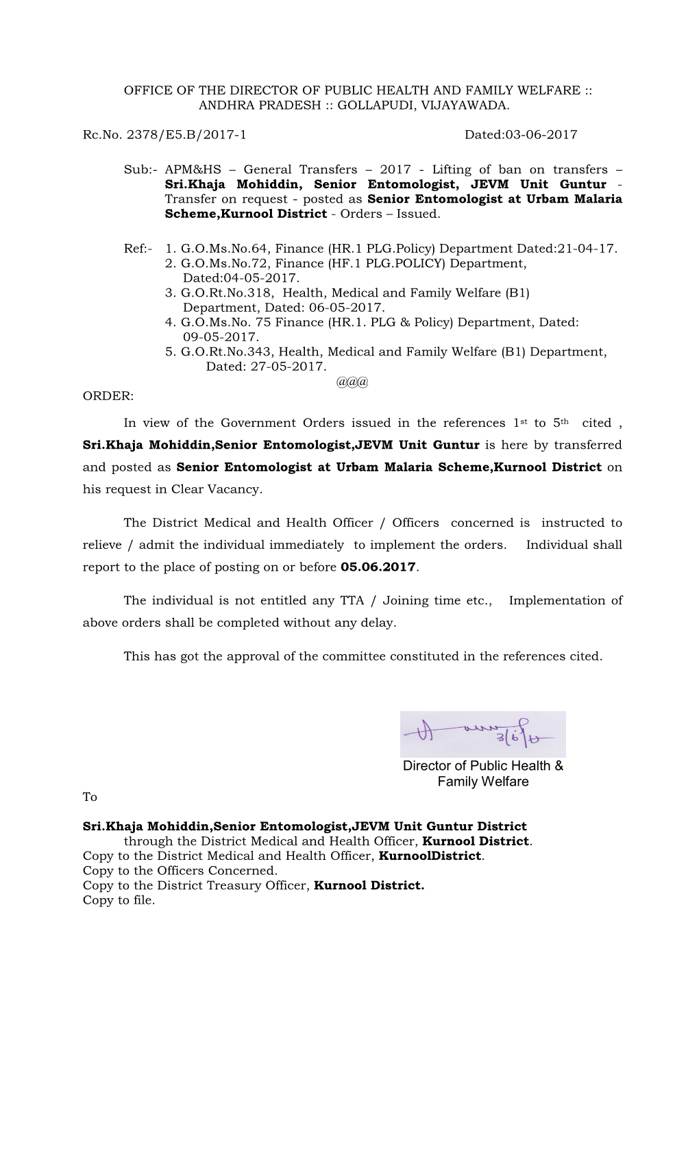 Senior Entomologist Transfer Orders