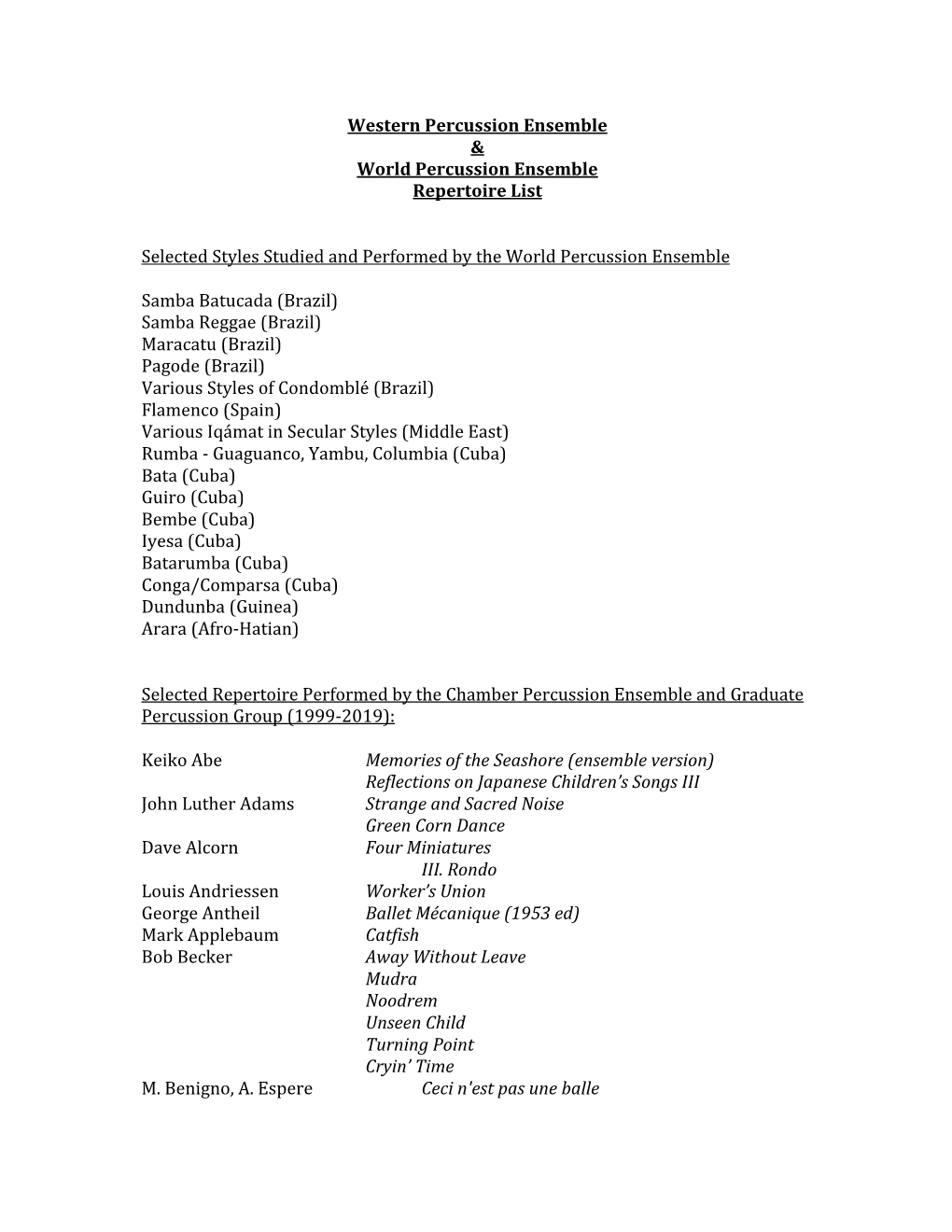 Western Percussion Ensemble & World Percussion Ensemble Repertoire List