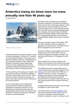 Antarctica Losing Six Times More Ice Mass Annually Now Than 40 Years Ago 14 January 2019