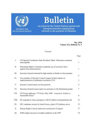 May 2018 Volume XLI, Bulletin No. 5 Contents Page I. UN Special