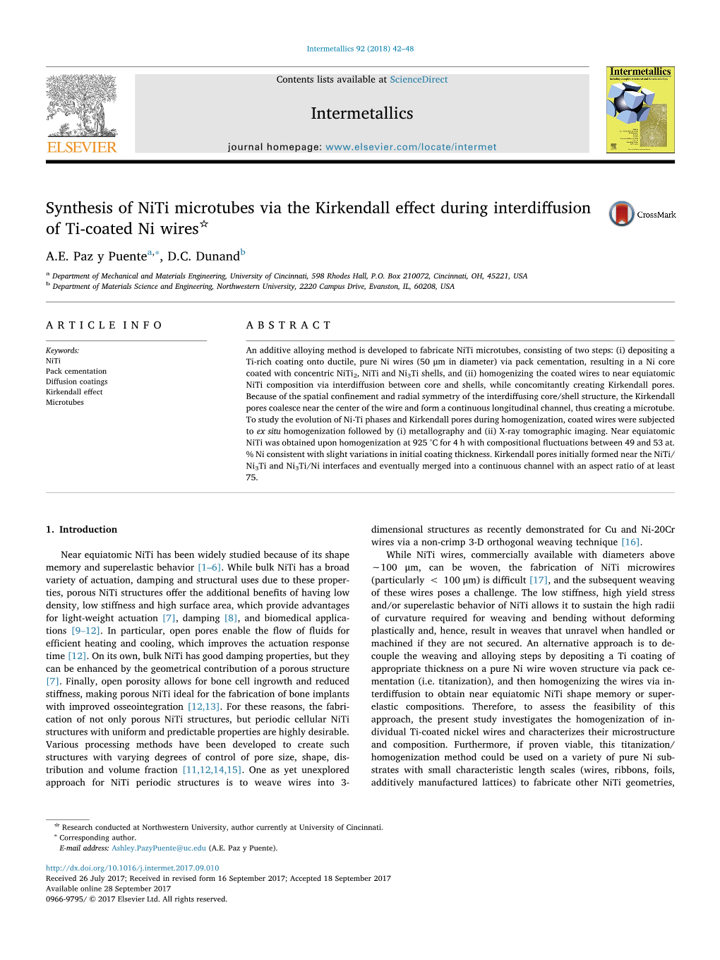 Synthesis of Niti Microtubes Via the Kirkendall Effect During