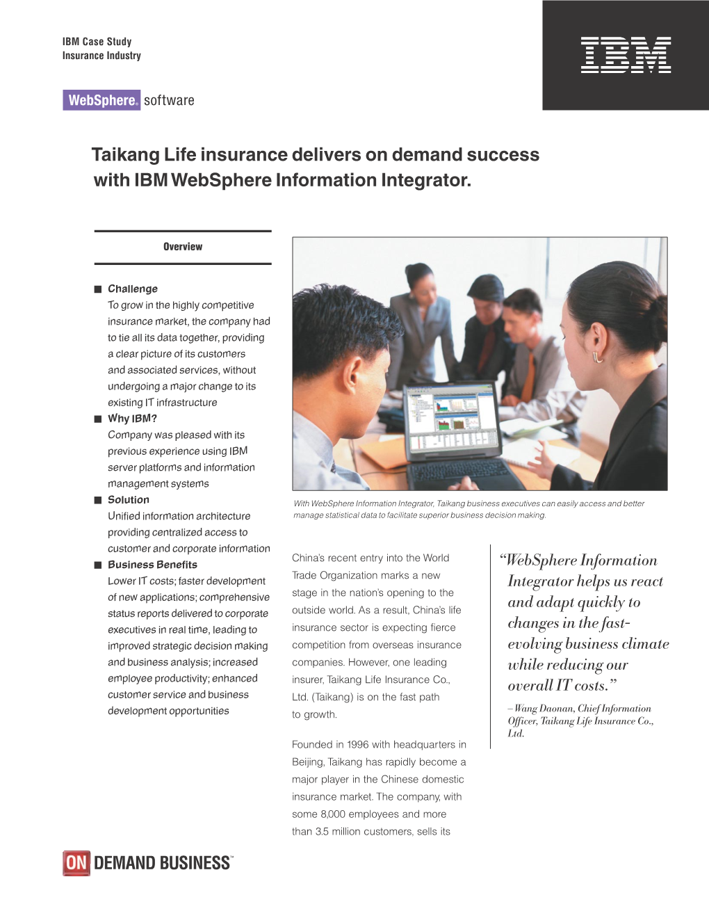 Taikang Life Insurance Delivers on Demand Success with IBM Websphere Information Integrator