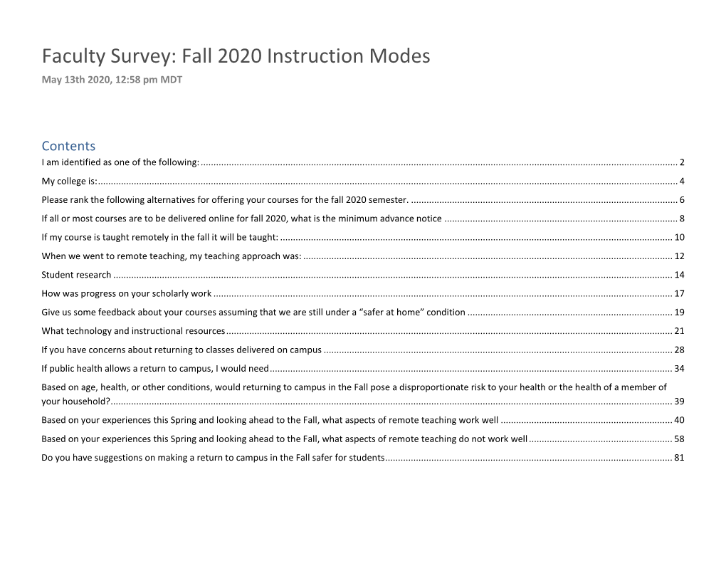 Faculty Survey: Fall 2020 Instruction Modes May 13Th 2020, 12:58 Pm MDT