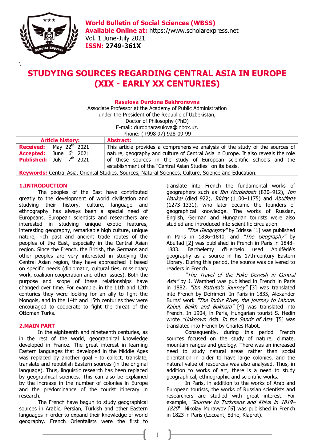 Studying Sources Regarding Central Asia in Europe (Xix - Early Xx Centuries)