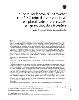 E Versi Melanconici Un Trovator Cantò”: O Mito Da “Voz Verdiana” E a Pluralidade Interpretativa Em Gravações De Il Trovatore Victor Emmanuel Teixeira Mendes Abalada*