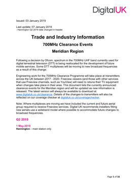 Trade and Industry Information 700Mhz Clearance Events Meridian Region