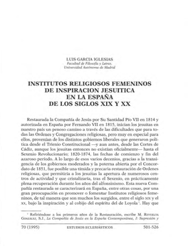 Institutos Religiosos Femeninos De Inspiracion Jesuitica En La España De Los Siglos Xix Y Xx