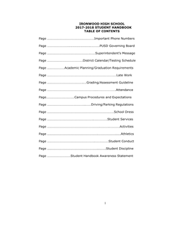 1 IRONWOOD HIGH SCHOOL 2017-2018 STUDENT HANDBOOK TABLE of CONTENTS Page ………………………………………………