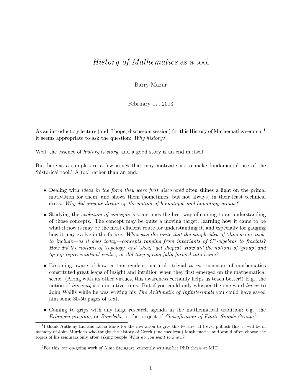 History of Mathematics As a Tool