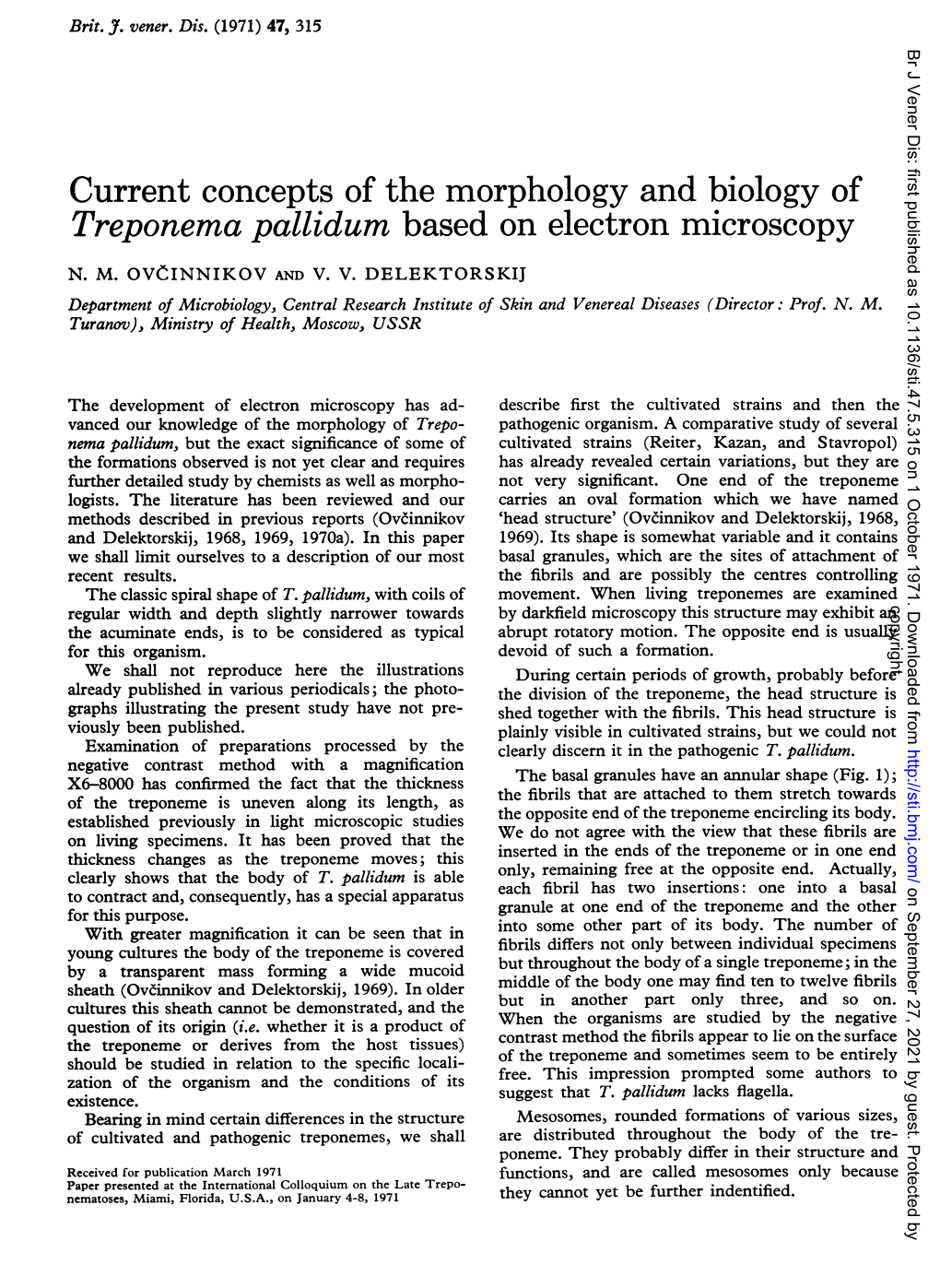 Current Concepts of the Morphology and Biology of Treponema Pallidum Based on Electron Microscopy