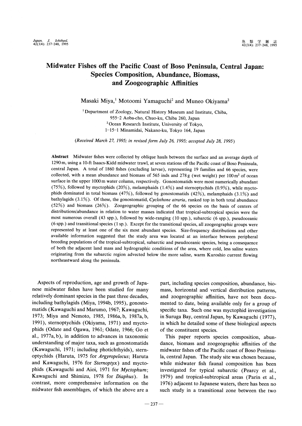 Midwater Fishes Off the Pacific Coast of Boso Peninsula, Central Japan: Species Composition, Abundance, Biomass, and Zoogeographic Affinities