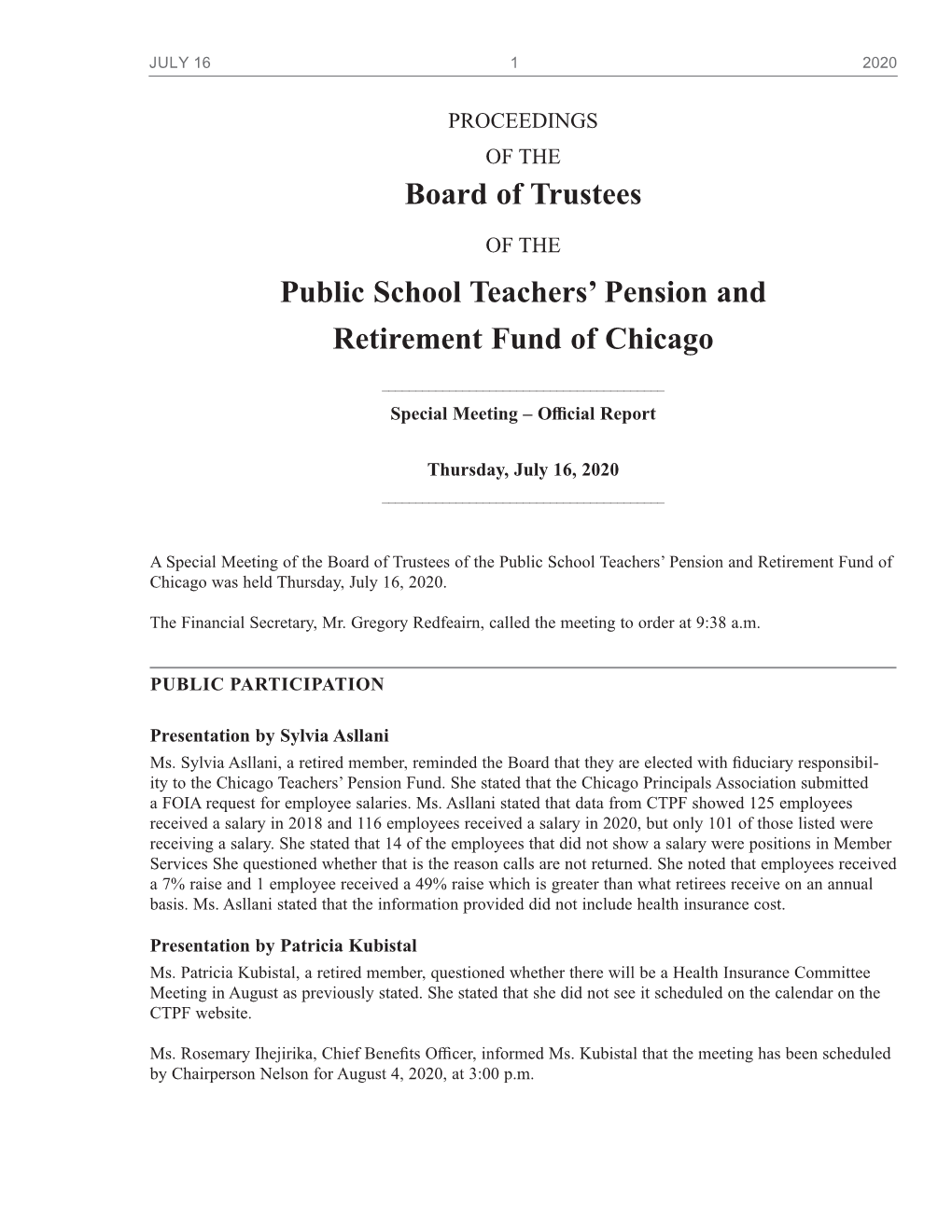 Board of Trustees Public School Teachers' Pension and Retirement