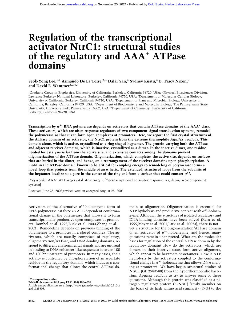 Structural Studies of the Regulatory and AAA+ Atpase Domains