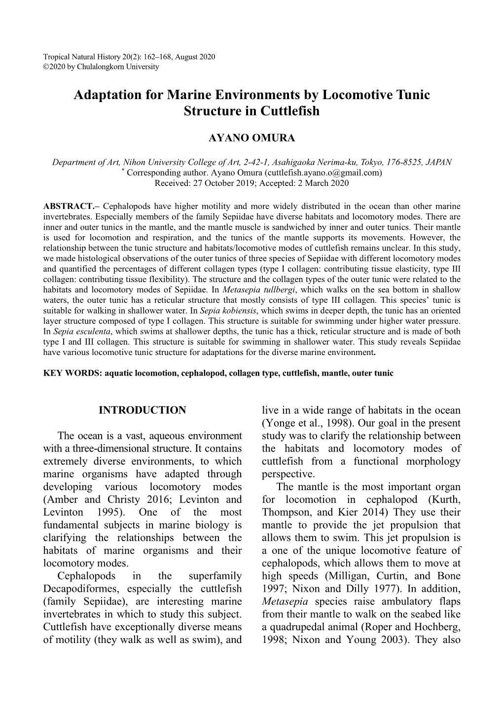 Adaptation for Marine Environments by Locomotive Tunic Structure in Cuttlefish