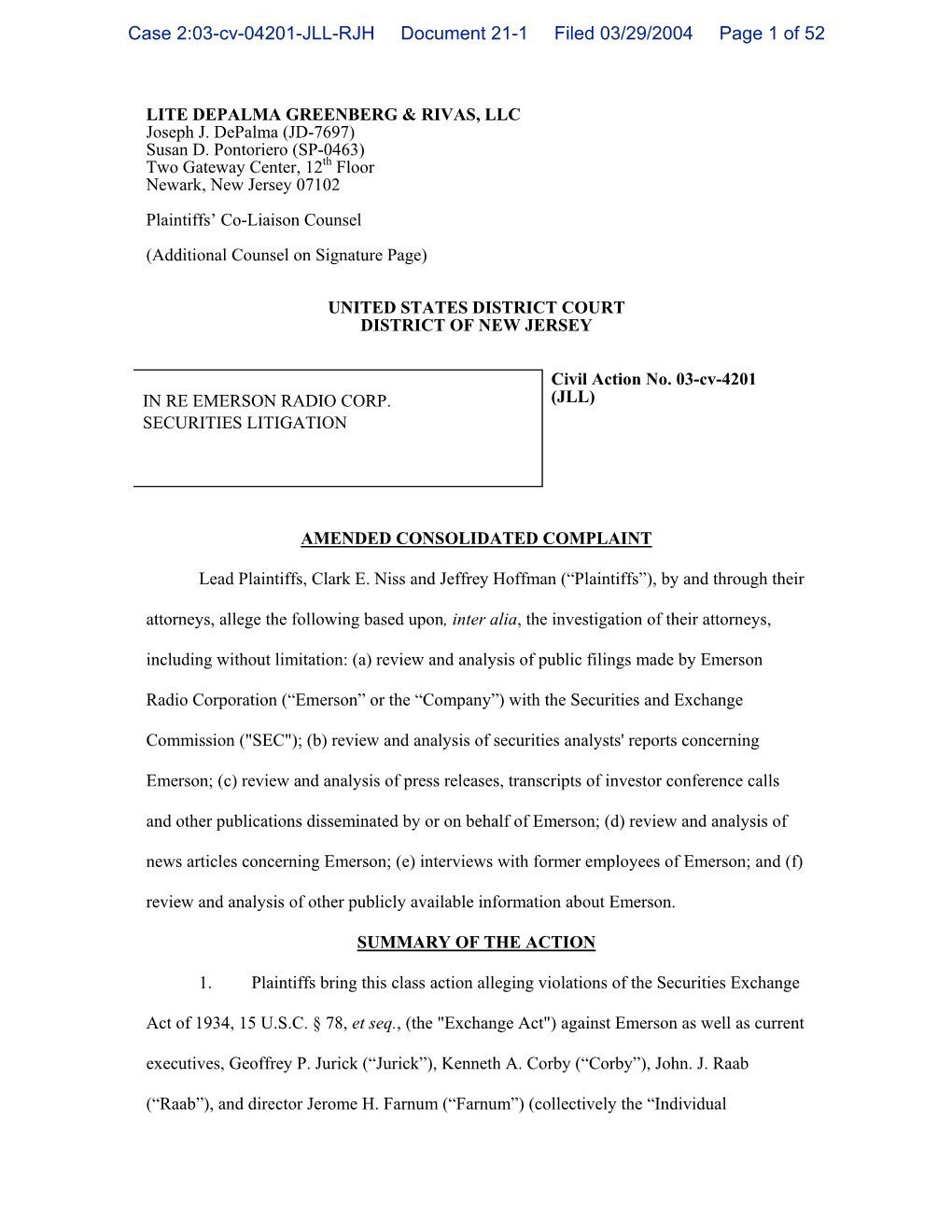 Emerson Radio Corporation Securities Litigation 03-CV-4201-Amended Consolidated Complaint