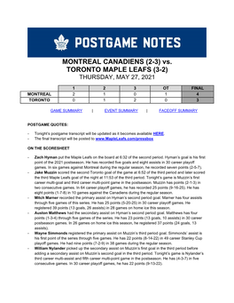 MONTREAL CANADIENS (2-3) Vs. TORONTO MAPLE LEAFS (3-2) THURSDAY, MAY 27, 2021