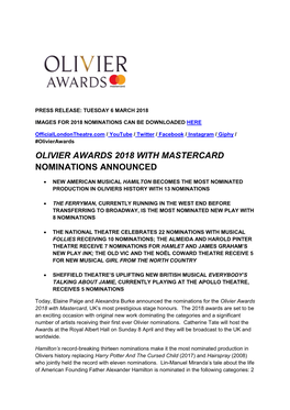 Olivier Awards 2018 with Mastercard Nominations Announced
