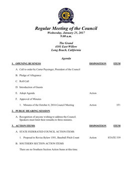Regular Meeting of the Council Wednesday, January 25, 2017 9:00 A.M