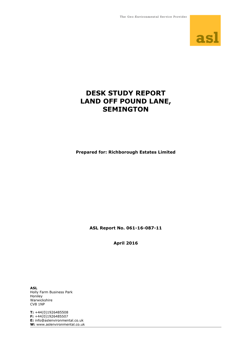 Desk Study Report Land Off Pound Lane, Semington