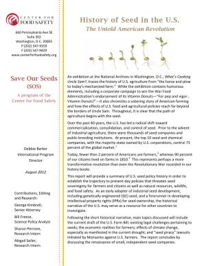 History of Seed in the U.S. the Untold American Revolution 660 Pennsylvania Ave SE Suite 302 Washington, D.C