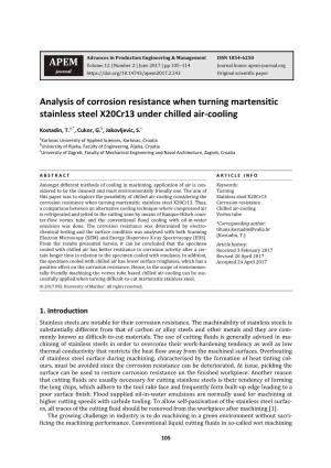 Analysis of Corrosion Resistance When Turning Martensitic Stainless Steel X20cr13 Under Chilled Air‐Cooling
