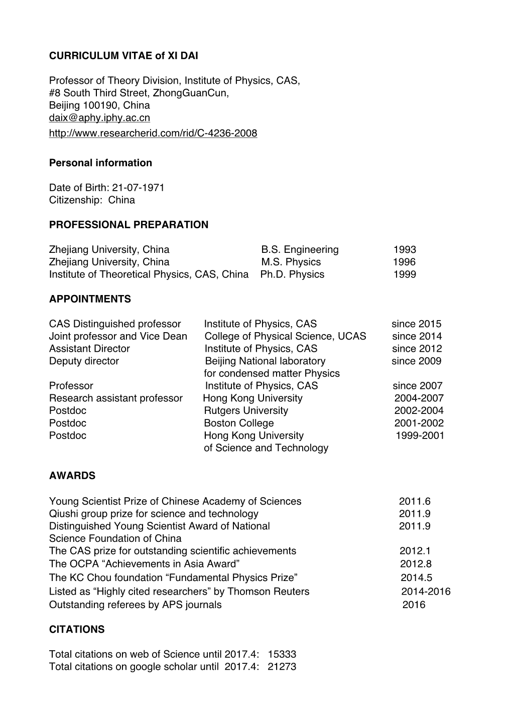 CURRICULUM VITAE of XI DAI Professor of Theory Division