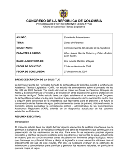 CONGRESO DE LA REPÚBLICA DE COLOMBIA PROGRAMA DE FORTALECIMIENTO LEGISLATIVO Oficina De Asistencia Técnica Legislativa