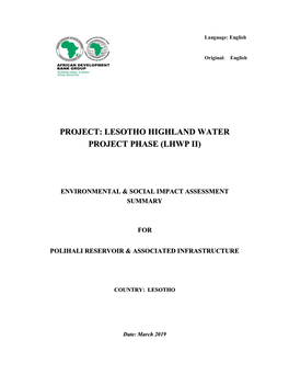 Project: Lesotho Highland Water Project Phase (Lhwp Ii)