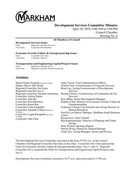 Development Services Committee Minutes April 30, 2018, 9:00 AM to 5:00 PM Council Chamber Meeting No