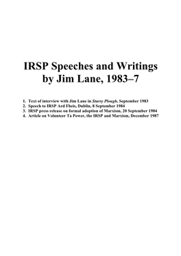 IRSP Speeches and Writings by Jim Lane, 1983–7