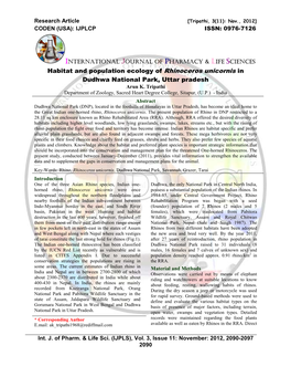 Habitat and Population Ecology of Rhinoceros Unicornis in Dudhwa National Park, Uttar Pradesh Arun K