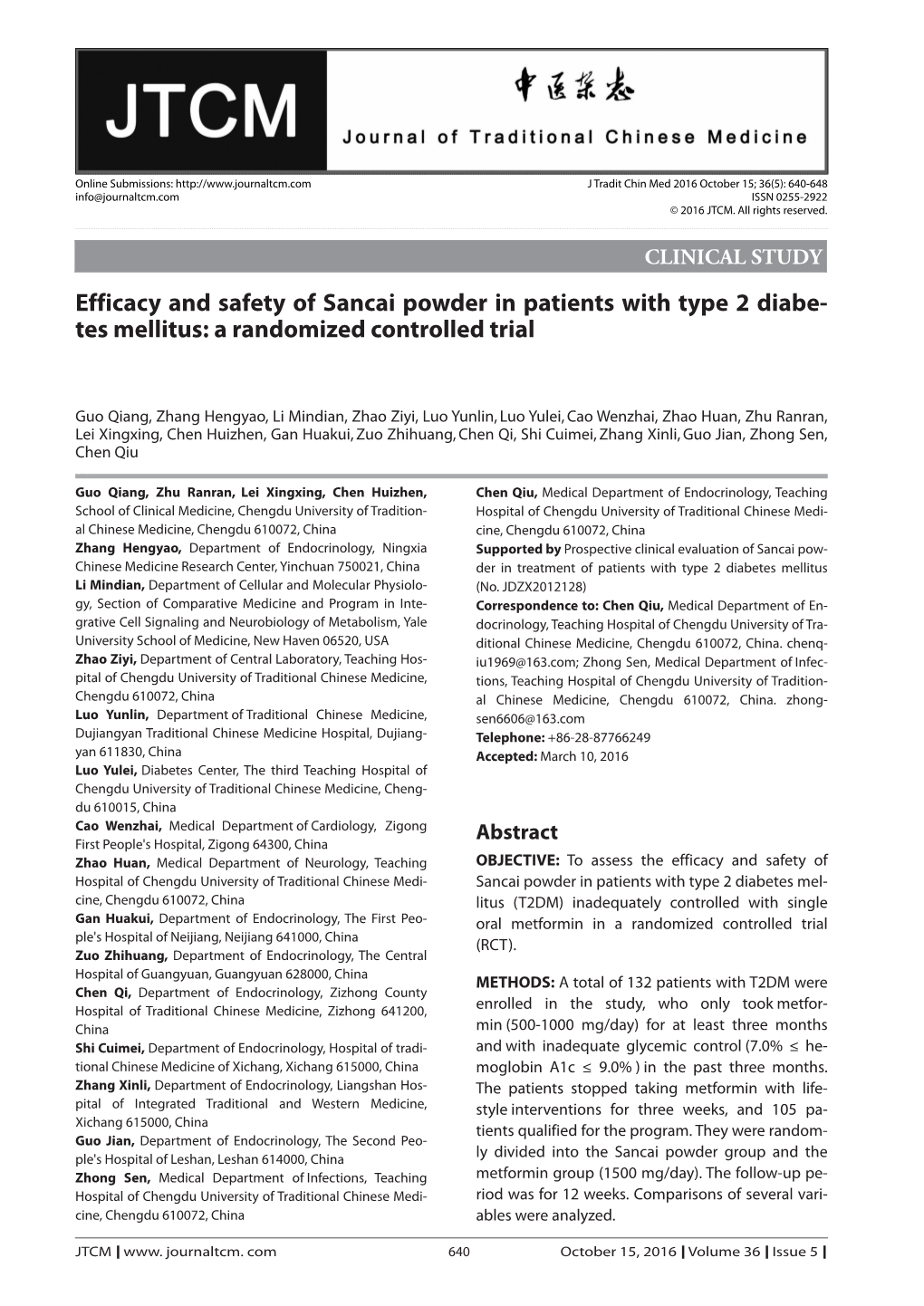 Efficacy and Safety of Sancai Powder in Patients with Type 2 Diabetes