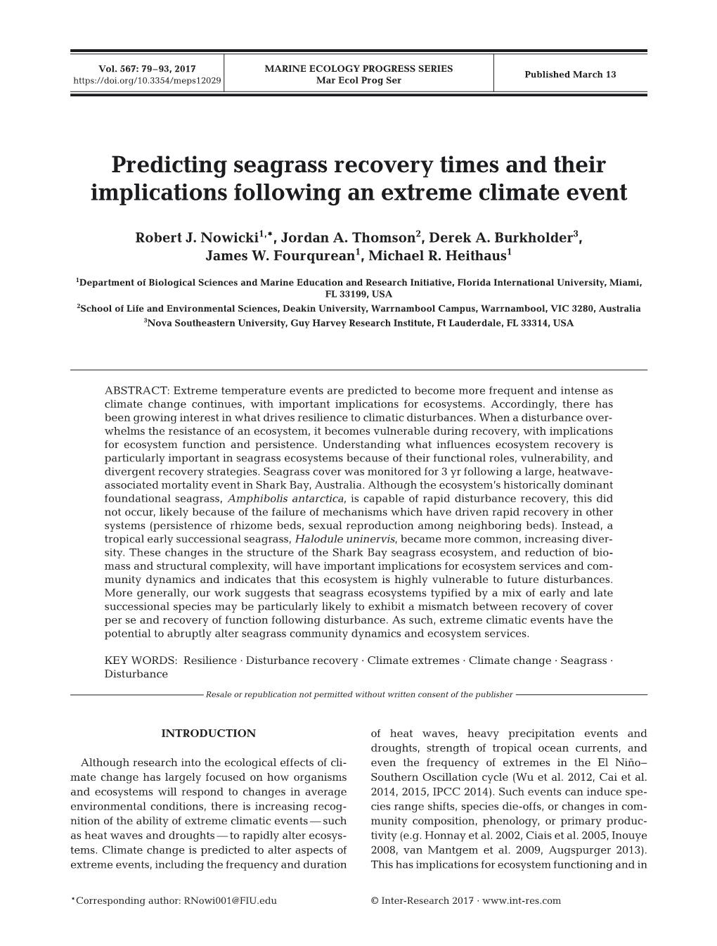 Predicting Seagrass Recovery Times and Their Implications Following an Extreme Climate Event