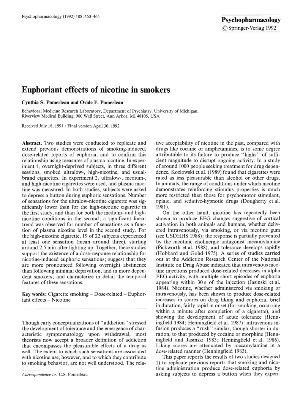 Euphoriant Effects of Nicotine in Smokers