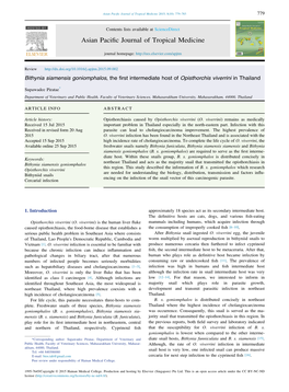 Bithynia Siamensis Goniomphalos, the First Intermediate Host of Opisthorchis Viverrini in Thailand