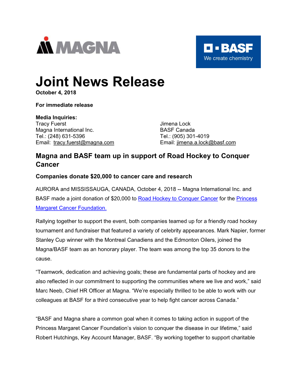Joint News Release October 4, 2018