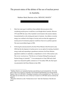 The Present Status of the Debate of the Use of Nuclear Power in Australia